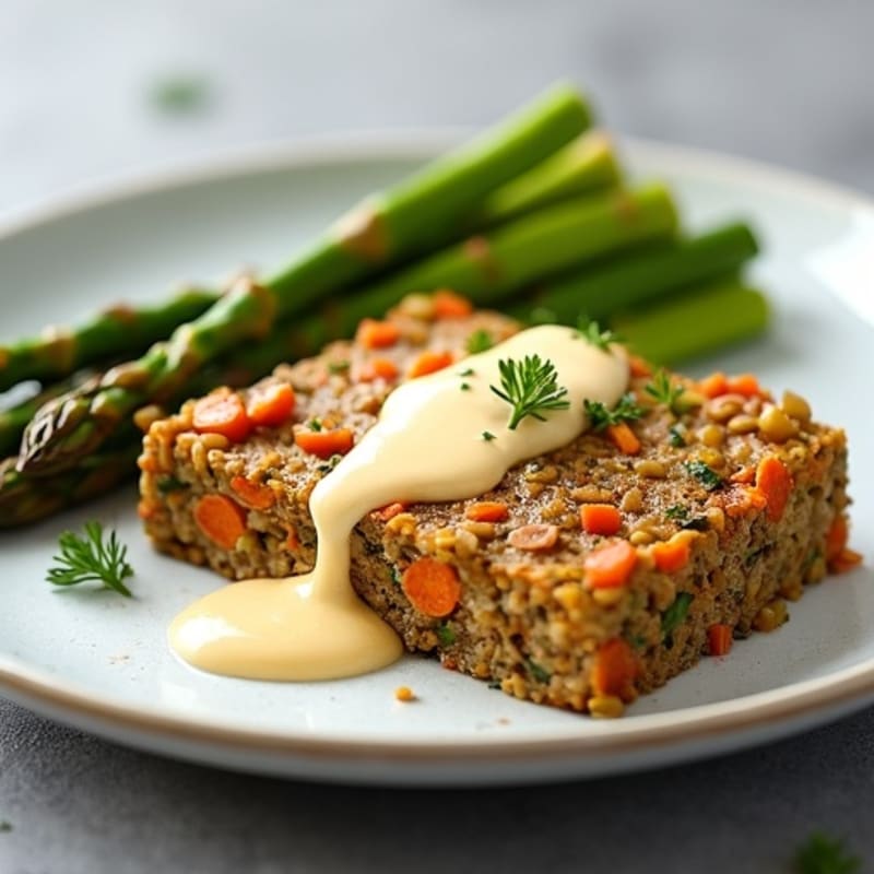 Hearty Lentil Loaf with Roasted Asparagus and Creamy Cashew Sauce