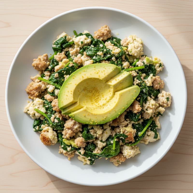Egg White and Turkey Sausage Scramble with Sautéed Spinach