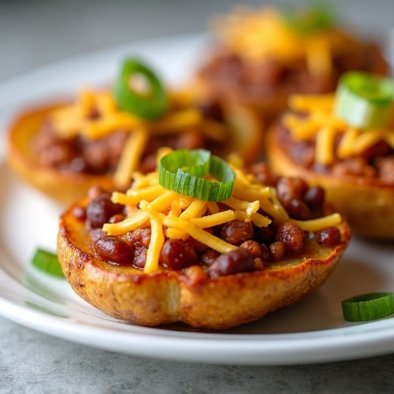 Crispy Potato Skins Loaded with Lean Chili and Sharp Cheddar