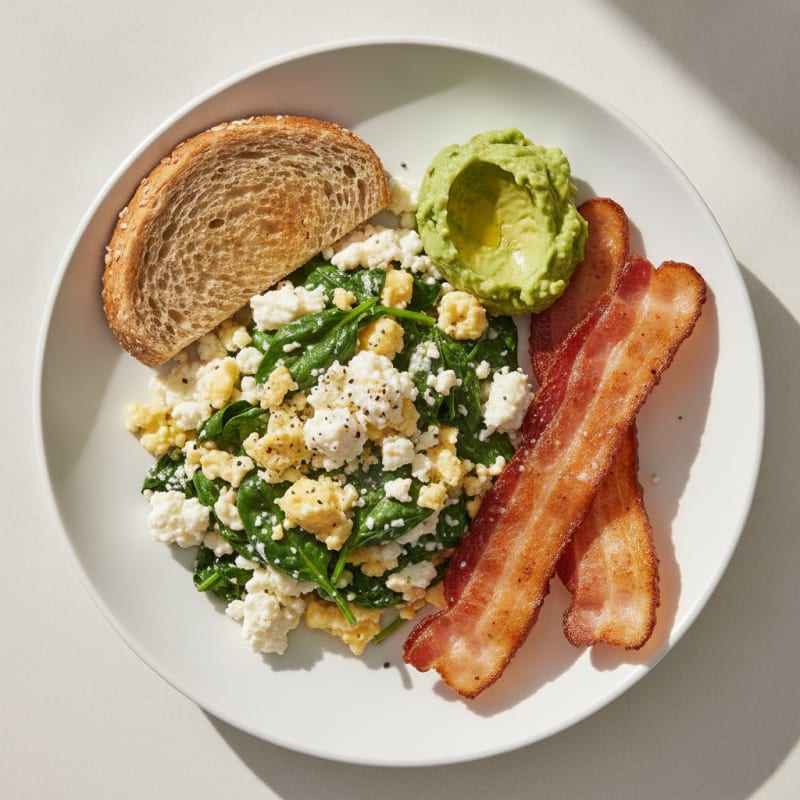 Cottage Cheese Scramble with Spinach and Turkey Bacon