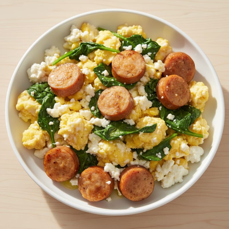 Cottage Cheese Egg Scramble with Spinach and Chicken Sausage