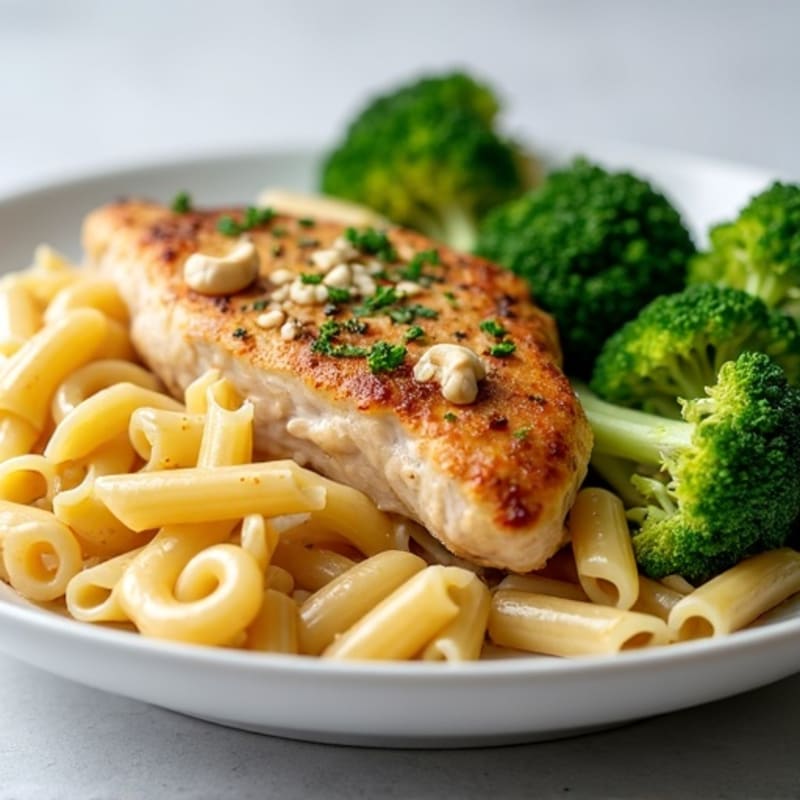 Creamy Cashew Garlic Pasta with Roasted Chicken and Fresh Broccoli