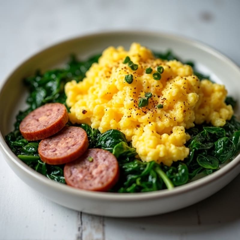 Fluffy Scrambled Eggs with Sautéed Spinach and Lean Turkey Sausage