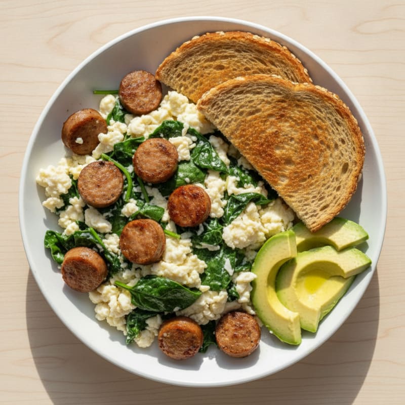 Egg White and Spinach Scramble with Turkey Sausage