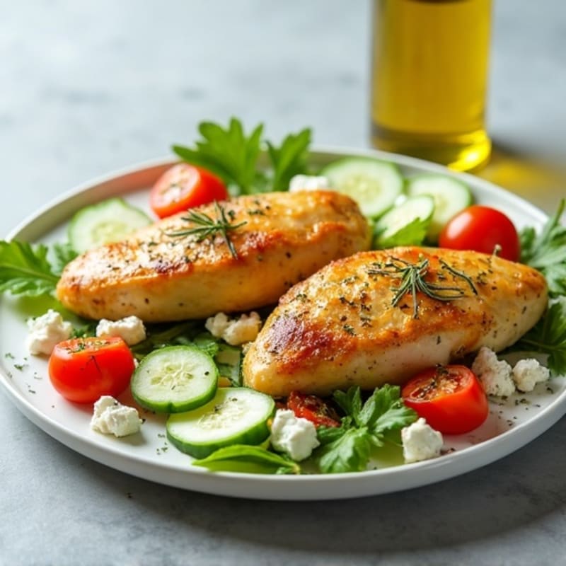 Lemon Herb Roasted Chicken with Fresh Cucumber Tomato Feta Salad