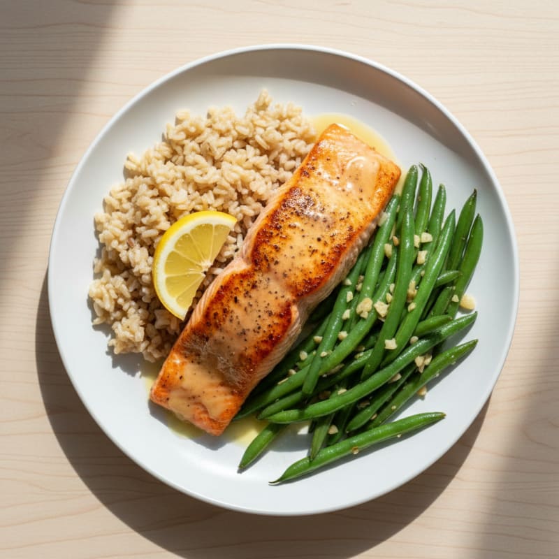 Seared Salmon with Garlic Green Beans and Brown Rice