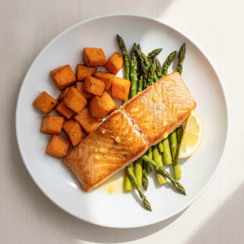 Seared Salmon Fillet with Roasted Sweet Potato and Asparagus