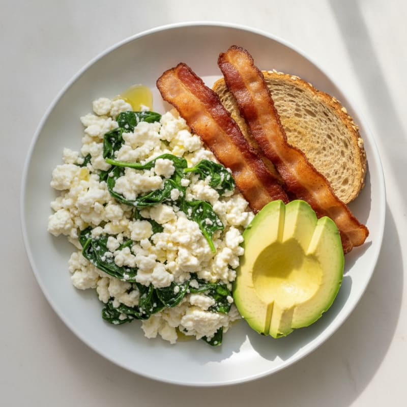 Cottage Cheese Egg White Scramble with Sautéed Spinach and Turkey Bacon