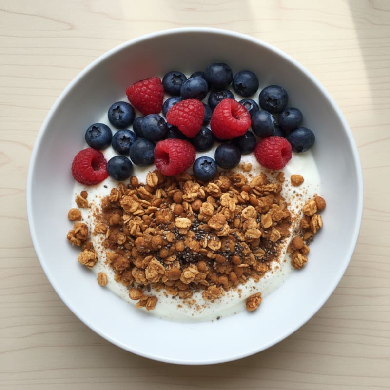Greek Yogurt Parfait with Crunchy Lentil Granola and Berries