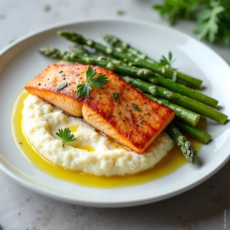Seared Salmon with Steamed Asparagus and Cauliflower Mash