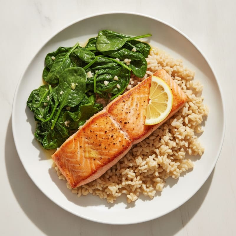 Seared Salmon Fillet with Garlic Spinach and Brown Rice