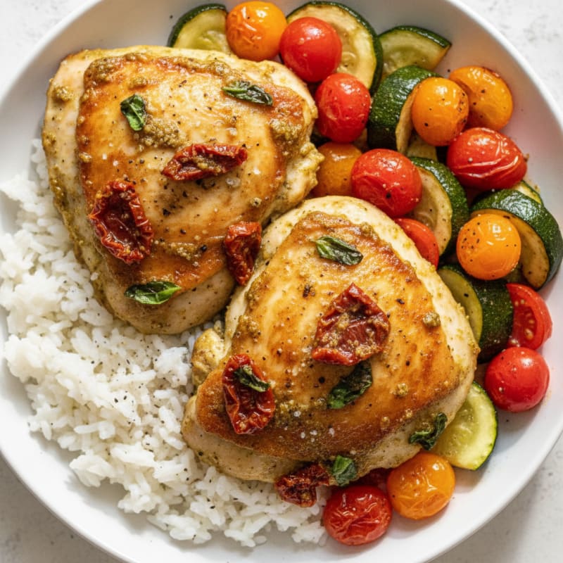 Pesto Chicken Thighs with Roasted Vegetables