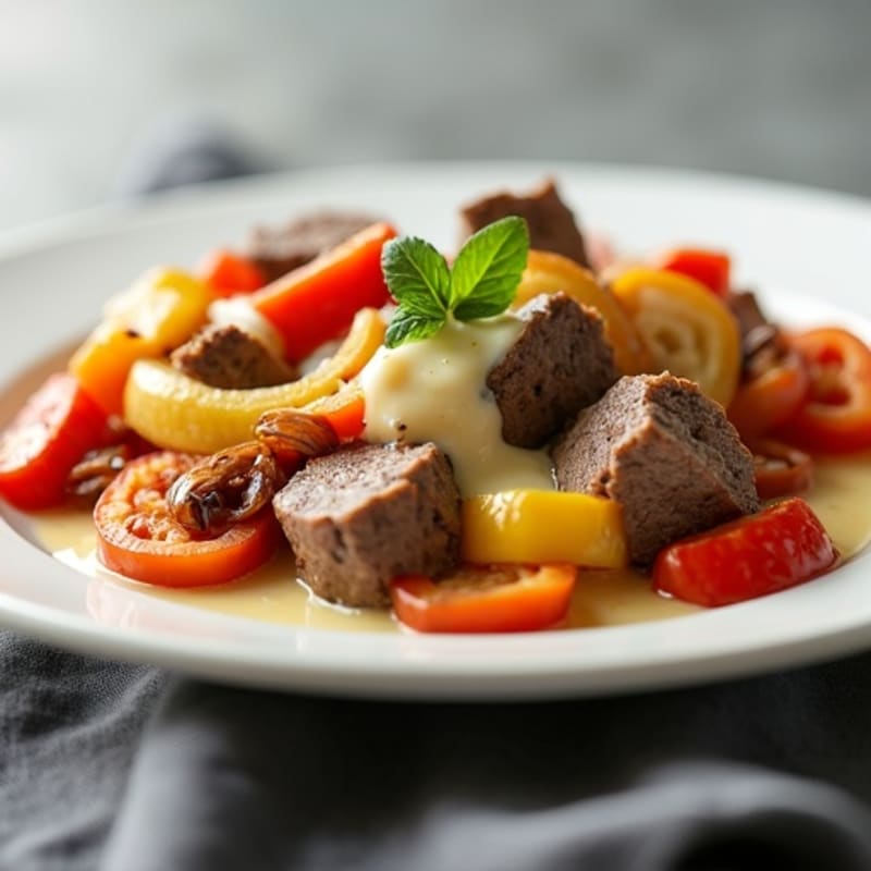 Lean Beef Skillet with Sautéed Peppers, Onions, and Creamy Cheese Sauce