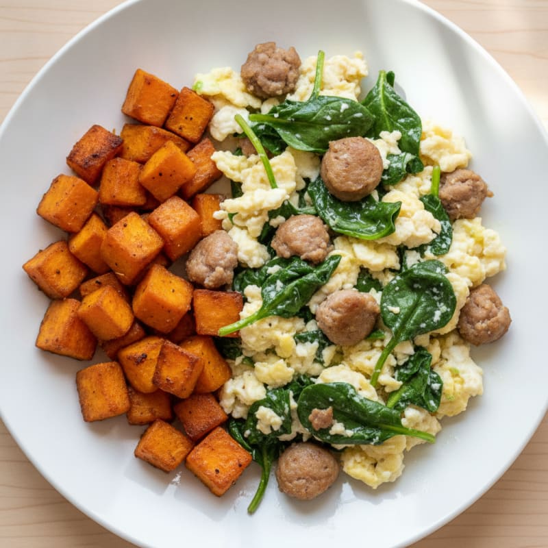 Egg White and Turkey Sausage Scramble with Spinach and Roasted Sweet Potato