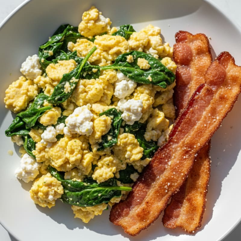 Cottage Cheese Egg Scramble with Spinach and Turkey Bacon