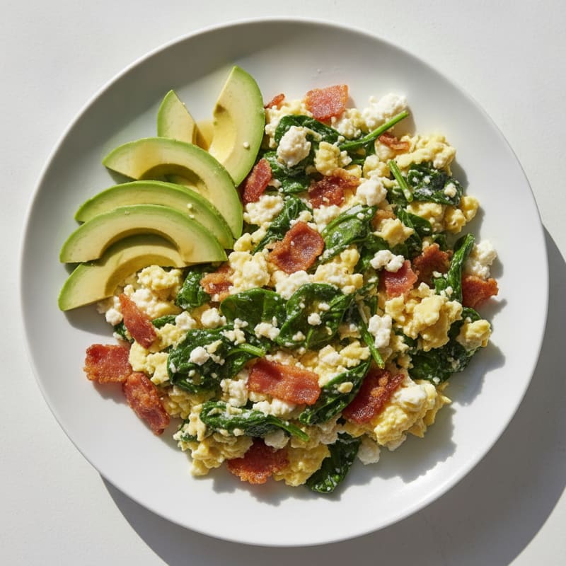 Cottage Cheese Egg Scramble with Spinach and Turkey Bacon