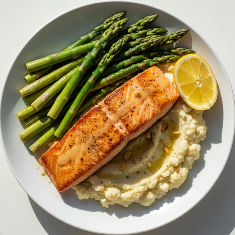 Seared Salmon with Steamed Asparagus and Cauliflower Mash