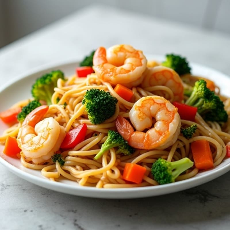 Shrimp and Veggie Rice Noodle Stir-Fry with Creamy Peanut Sauce