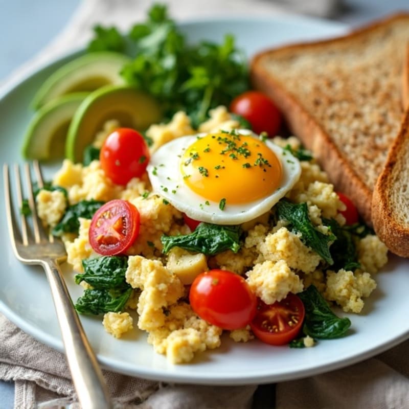 Chicken Egg White Scramble with Spinach, Tomatoes & Toast