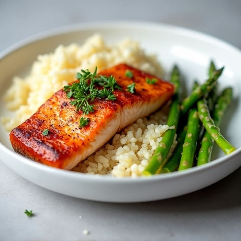 Seared Salmon Filet with Steamed Asparagus and Cauliflower Rice