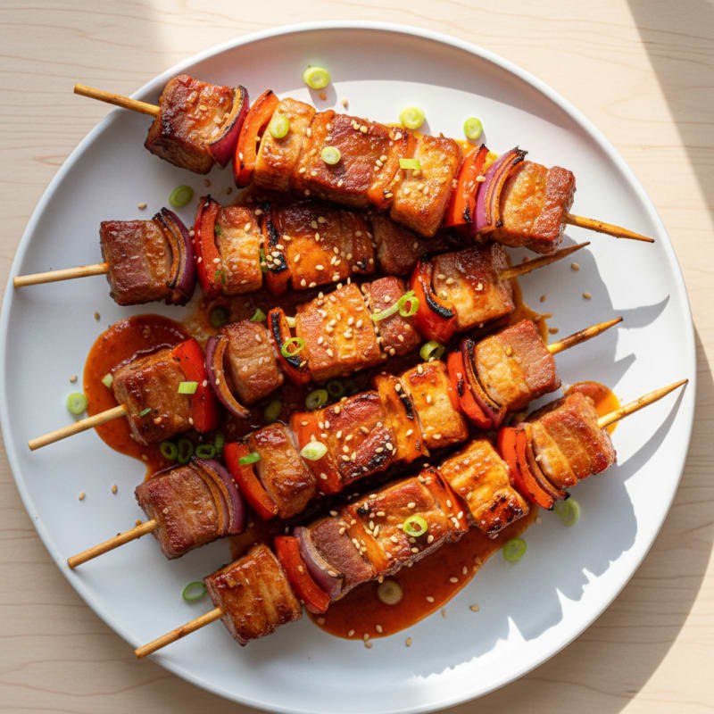 Spicy Gochujang Pork Belly Skewers