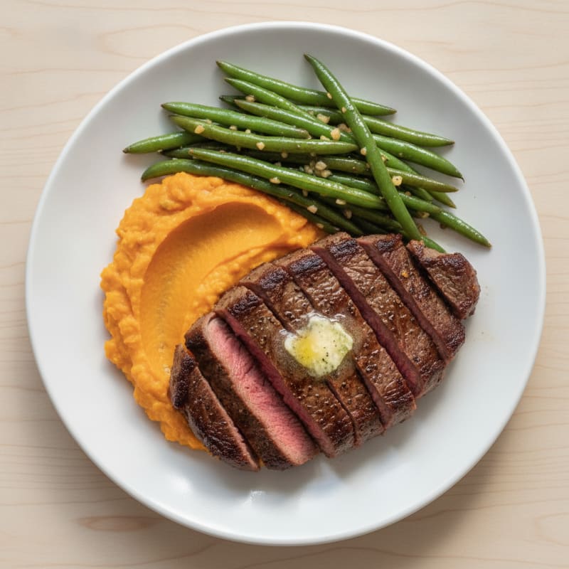 Seared Steak with Garlic Green Beans and Sweet Potato Mash