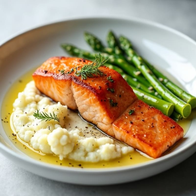 Seared Salmon Fillet with Steamed Asparagus and Garlic Cauliflower Mash