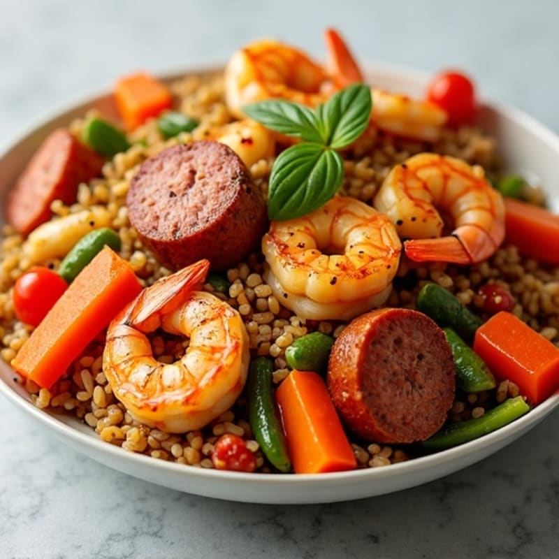 Spicy Chicken, Shrimp, and Smoked Sausage with Hearty Rice and Veggies