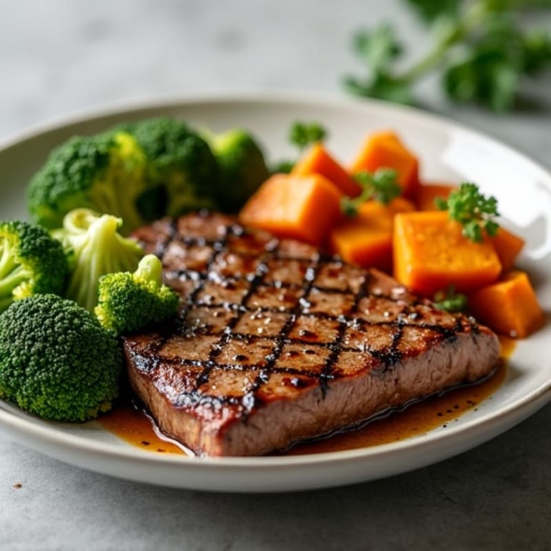 Seared Lean Beef with Roasted Broccoli and Sweet Potato