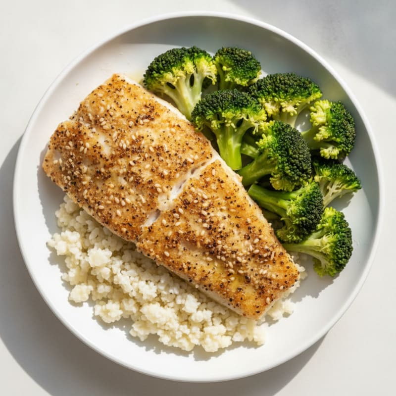 Seared Cod Filet with Steamed Broccoli and Cauliflower Rice