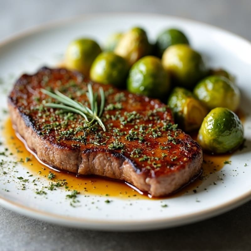 Herb-Crusted Pan-Seared Steak with Roasted Brussels Sprouts