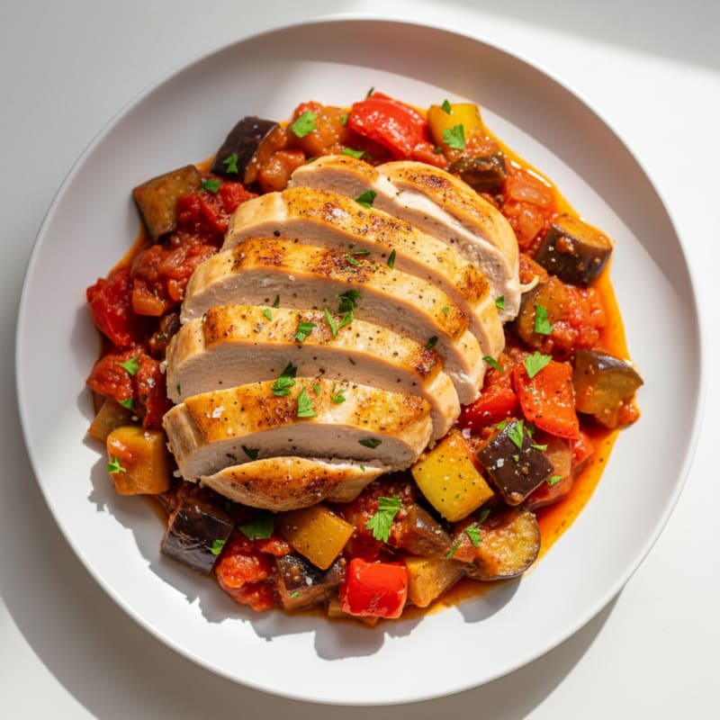Roasted Vegetable Provencal Ratatouille with Herbed Chicken