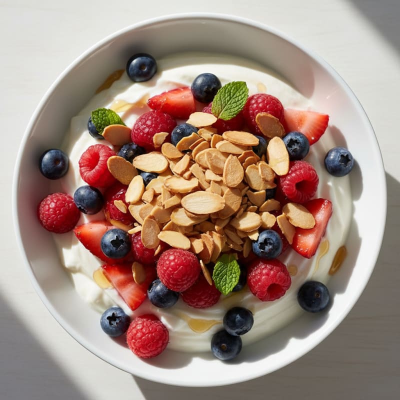 Greek Yogurt Protein Parfait with Mixed Berries and Almonds