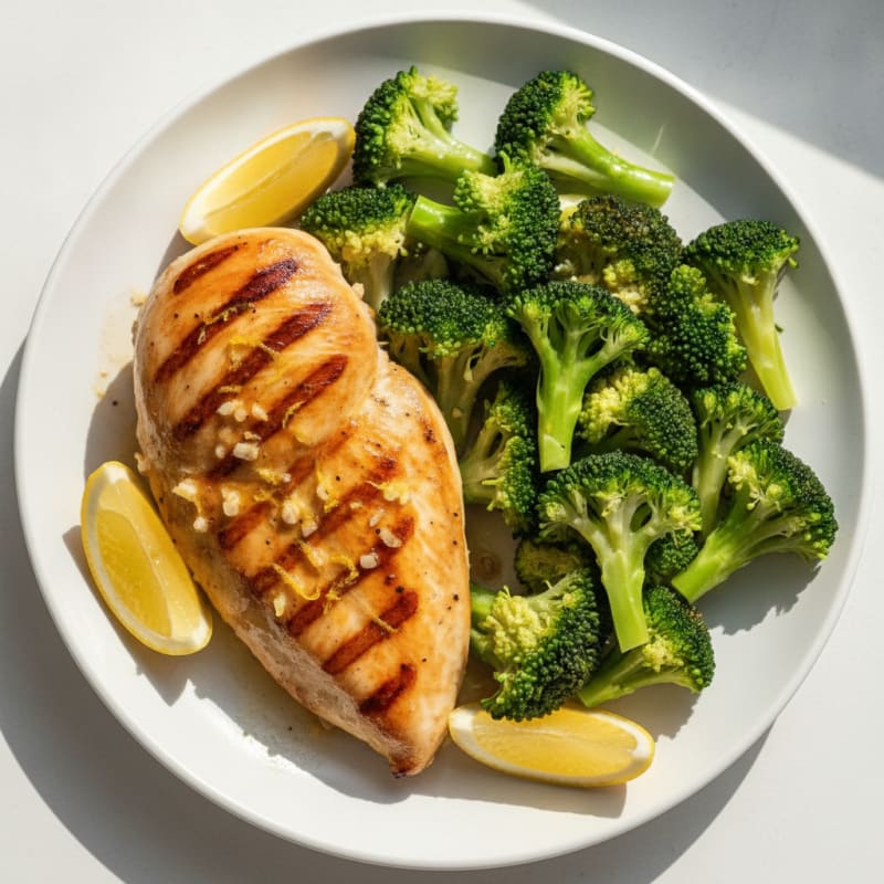 Lemon Garlic Grilled Chicken Breast with Steamed Broccoli