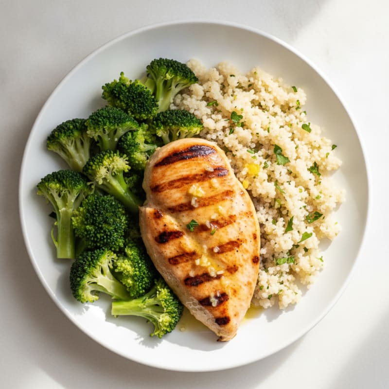Grilled Lemon-Garlic Chicken Breast with Steamed Broccoli and Quinoa
