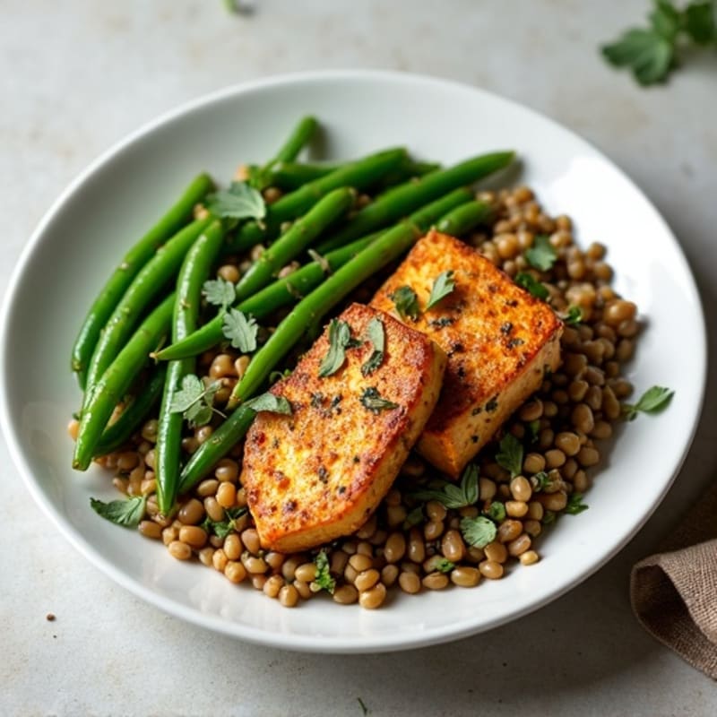 Herb-Baked Tempeh with Garlic Green Beans and Lentils