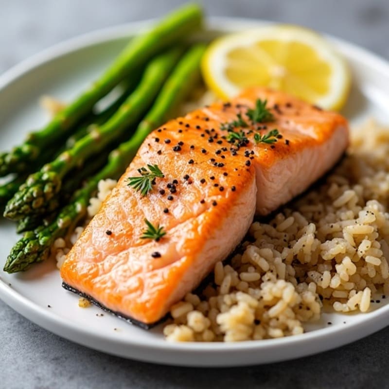 Seared Salmon Fillet with Steamed Asparagus and Brown Rice