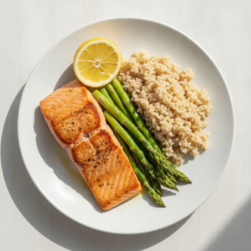 Seared Salmon Fillet with Steamed Asparagus and Brown Rice