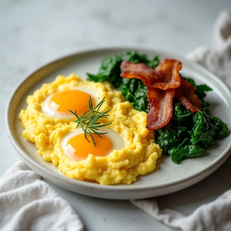 Fluffy Scrambled Eggs with Sautéed Spinach