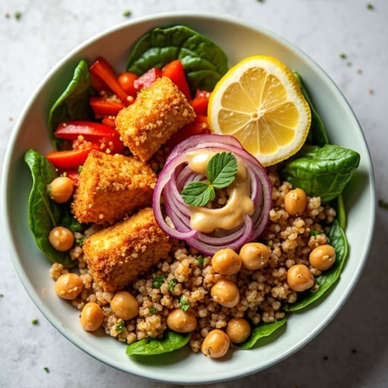 Crispy Tofu and Quinoa Power Bowl with Roasted Chickpeas