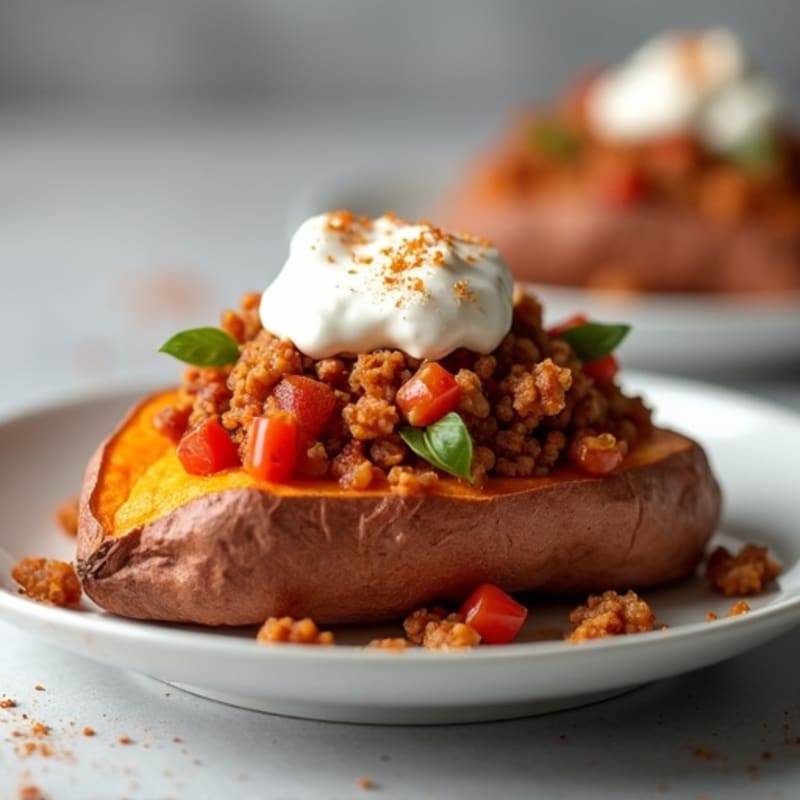 Baked Sweet Potato with Lean Turkey Chili and Creamy Greek Yogurt Topping