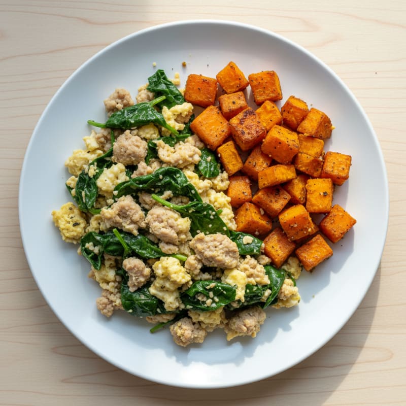 Turkey Spinach Egg White Scramble with Sweet Potato Cubes