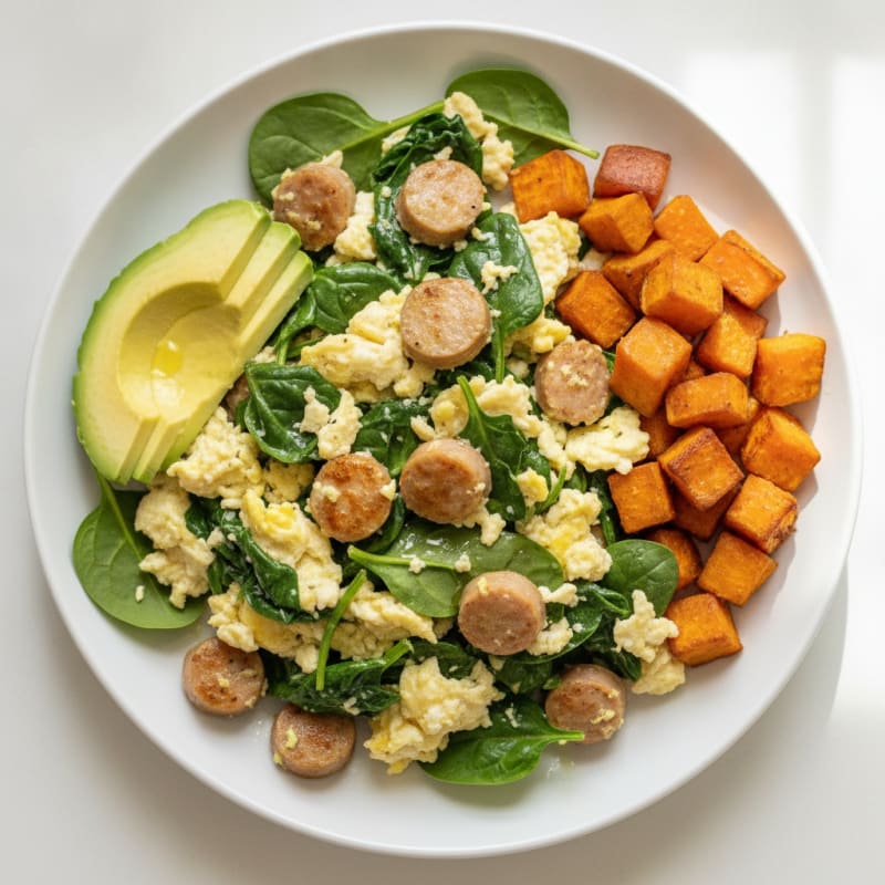 Chicken Sausage and Egg White Scramble with Spinach