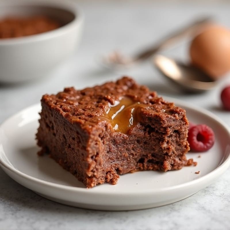 Warm Chocolate Protein Oatmeal Bake with Gooey Nut Butter Center