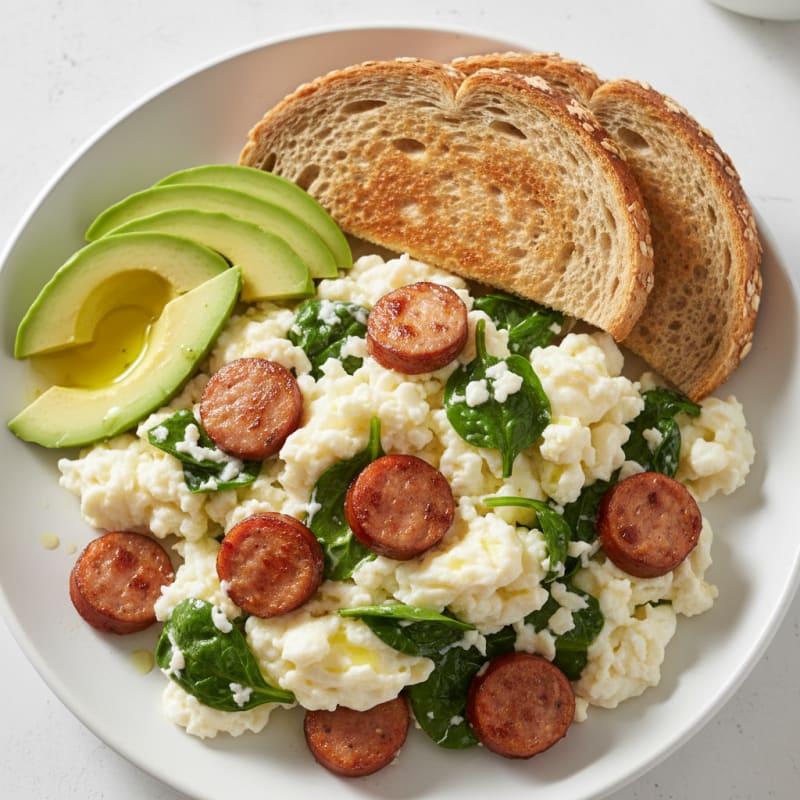 Egg White and Chicken Sausage Scramble with Spinach