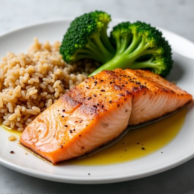 Seared Salmon with Steamed Broccoli and Brown Rice