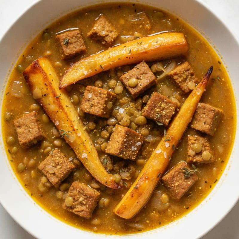 Tempeh and Lentil Stew with Roasted Parsnips