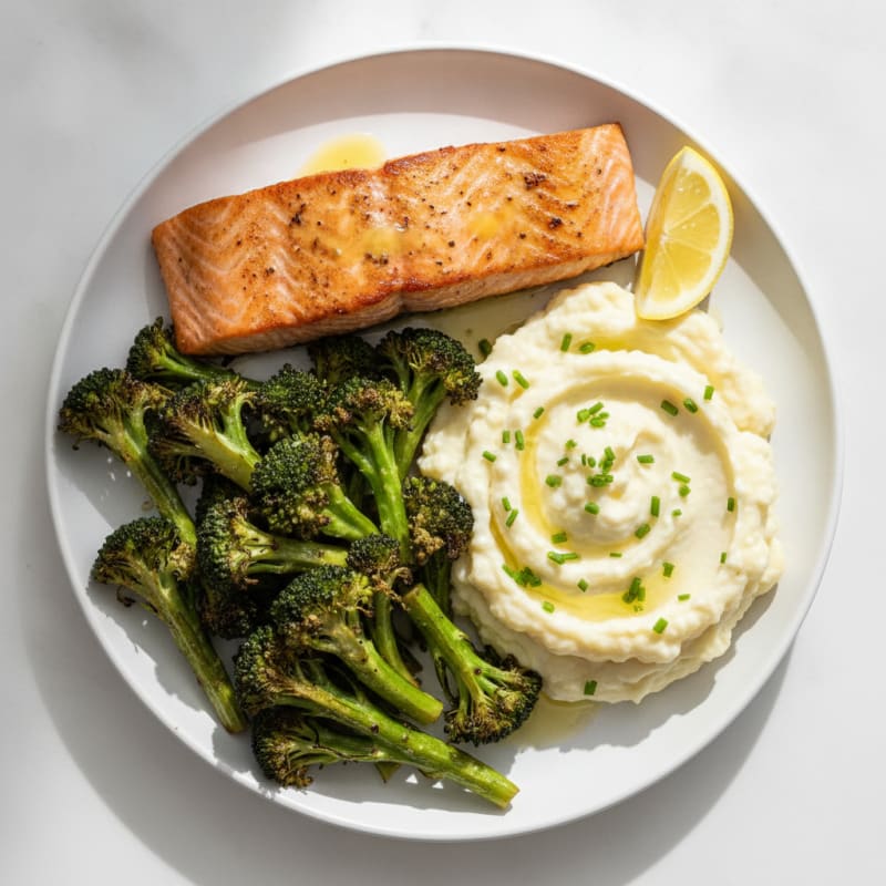 Seared Salmon with Roasted Broccoli and Garlic Mashed Cauliflower