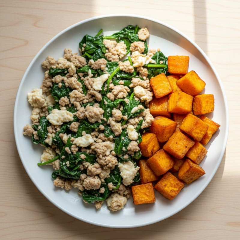 Egg White and Turkey Spinach Scramble with Roasted Sweet Potato