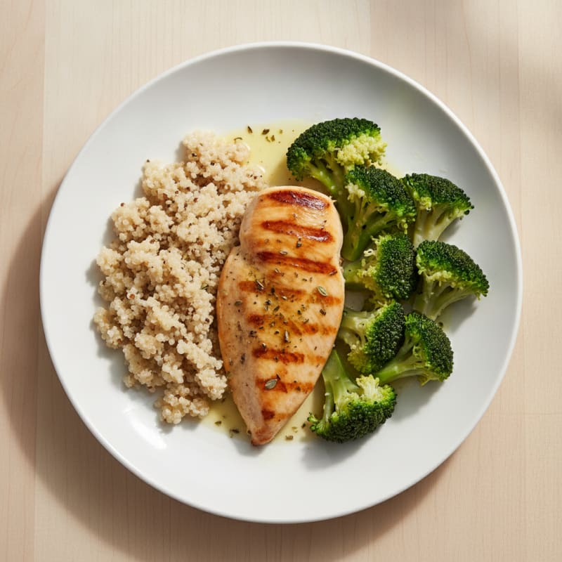 Grilled Lemon Herb Chicken Breast with Quinoa and Steamed Broccoli